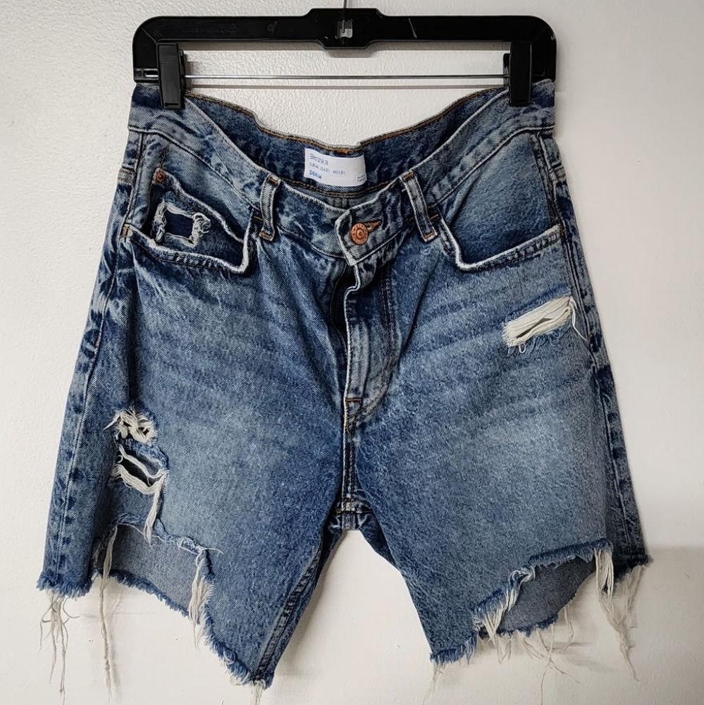 BERSHKA Blue Distressed Jean Shorts